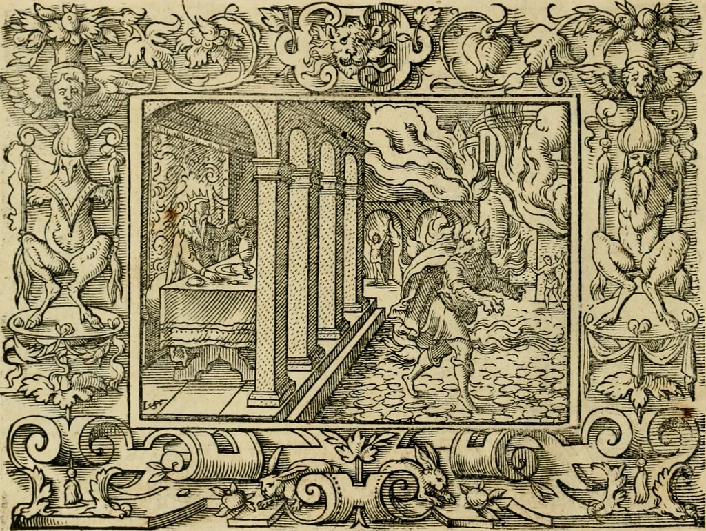 An illustration from Iohan. Posthii Germershemii Tetrasticha in Ovidii Metam. lib. XV. qvibus accesserunt Vergilij Solis figurae elegantiss. & iam primùm in lucem editae = Schoene Figuren auss dem fuertrefflichen Poeten Ouidio, allen Malern, Goldtschmiden, und Bildthauwern, zü nutz unnd gütem mit fleiss gerissen, 1563, leaf 29