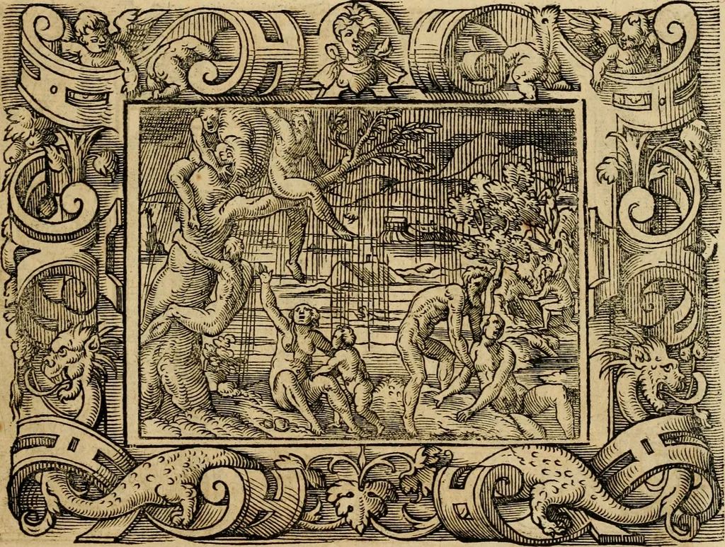 An illustration from Iohan. Posthii Germershemii Tetrasticha in Ovidii Metam. lib. XV. qvibus accesserunt Vergilij Solis figurae elegantiss. & iam primùm in lucem editae = Schoene Figuren auss dem fuertrefflichen Poeten Ouidio, allen Malern, Goldtschmiden, und Bildthauwern, zü nutz unnd gütem mit fleiss gerissen, 1563, leaf 30