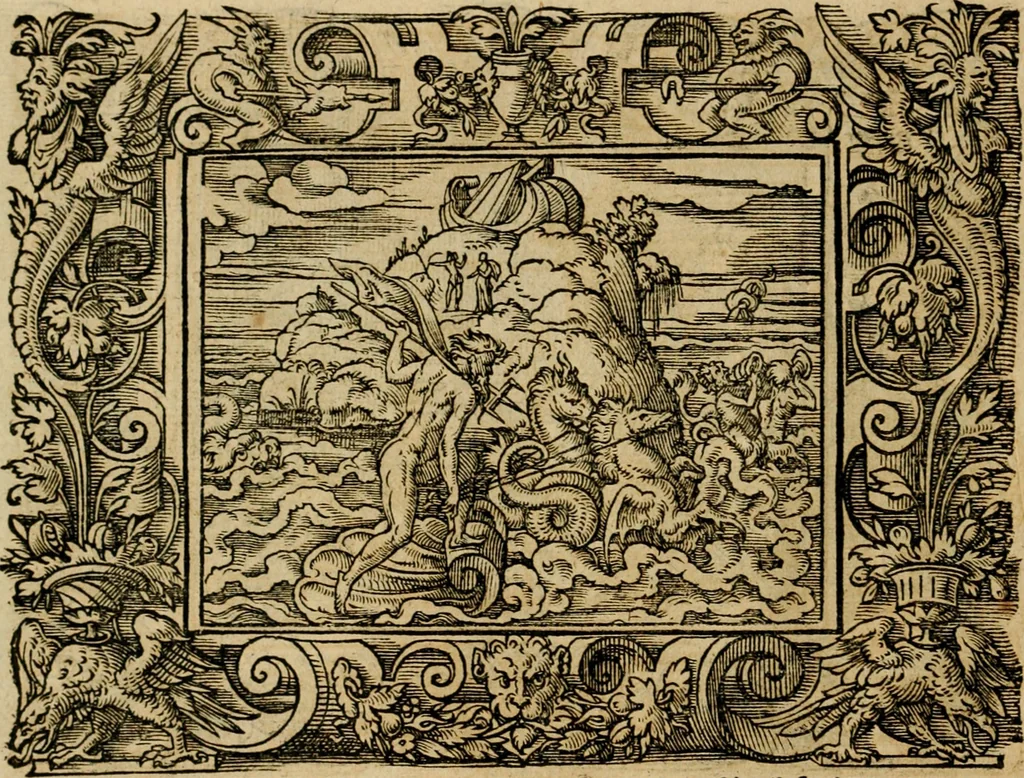 An illustration from Iohan. Posthii Germershemii Tetrasticha in Ovidii Metam. lib. XV. qvibus accesserunt Vergilij Solis figurae elegantiss. & iam primùm in lucem editae = Schoene Figuren auss dem fuertrefflichen Poeten Ouidio, allen Malern, Goldtschmiden, und Bildthauwern, zü nutz unnd gütem mit fleiss gerissen, 1563, leaf 31