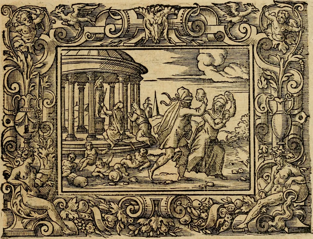 An illustration from Iohan. Posthii Germershemii Tetrasticha in Ovidii Metam. lib. XV. qvibus accesserunt Vergilij Solis figurae elegantiss. & iam primùm in lucem editae = Schoene Figuren auss dem fuertrefflichen Poeten Ouidio, allen Malern, Goldtschmiden, und Bildthauwern, zü nutz unnd gütem mit fleiss gerissen, 1563, leaf 32