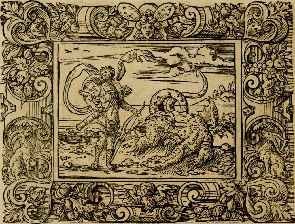 An illustration from Iohan. Posthii Germershemii Tetrasticha in Ovidii Metam. lib. XV. qvibus accesserunt Vergilij Solis figurae elegantiss. & iam primùm in lucem editae = Schoene Figuren auss dem fuertrefflichen Poeten Ouidio, allen Malern, Goldtschmiden, und Bildthauwern, zü nutz unnd gütem mit fleiss gerissen, 1563, leaf 33