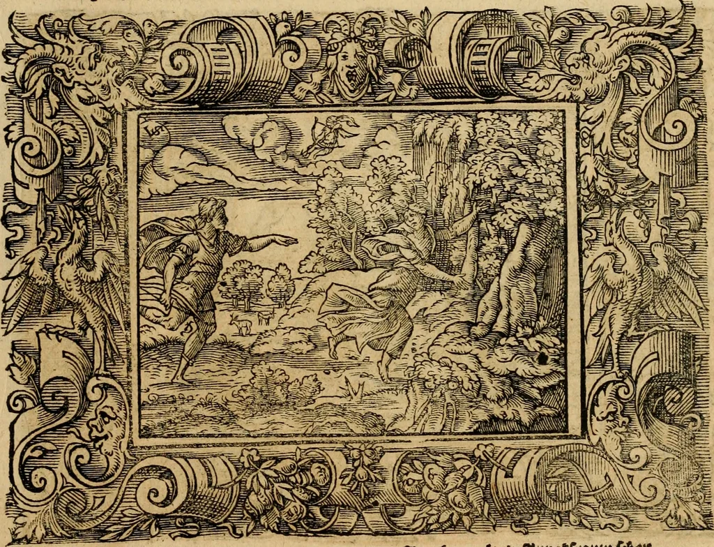 An illustration from Iohan. Posthii Germershemii Tetrasticha in Ovidii Metam. lib. XV. qvibus accesserunt Vergilij Solis figurae elegantiss. & iam primùm in lucem editae = Schoene Figuren auss dem fuertrefflichen Poeten Ouidio, allen Malern, Goldtschmiden, und Bildthauwern, zü nutz unnd gütem mit fleiss gerissen, 1563, leaf 34