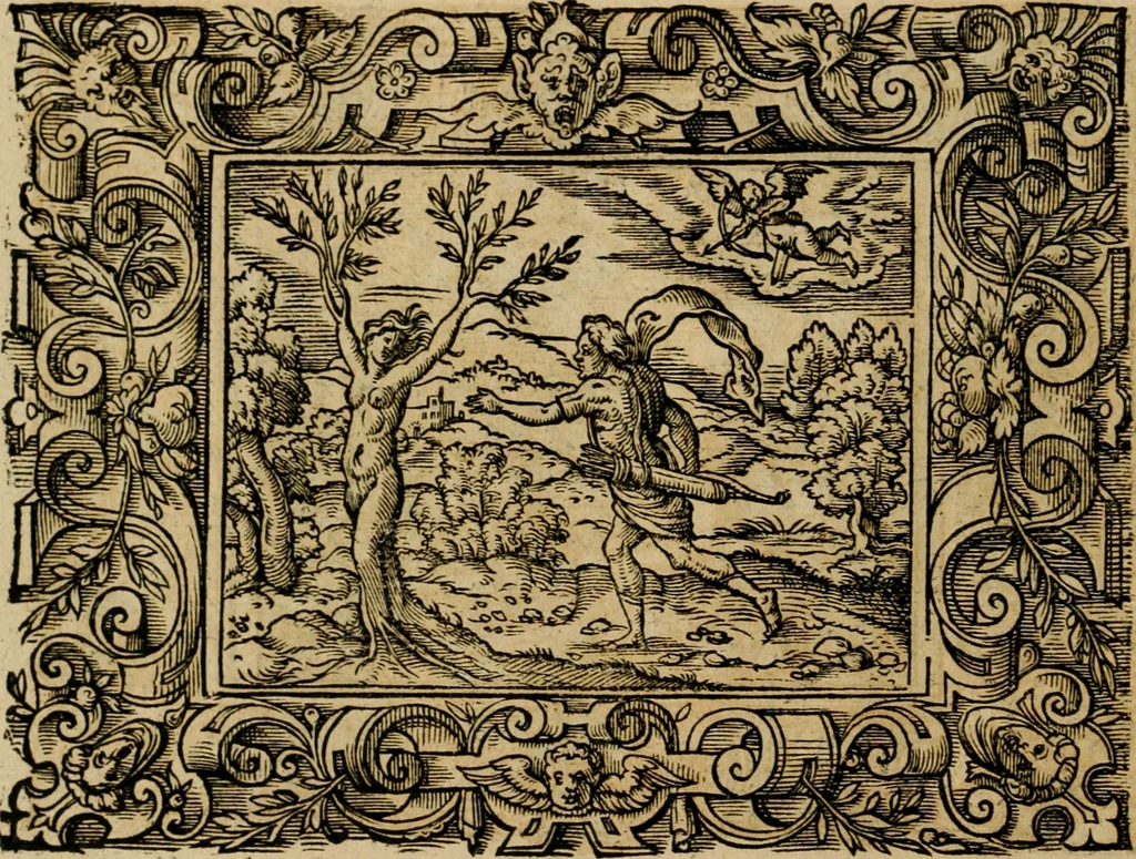 An illustration from Iohan. Posthii Germershemii Tetrasticha in Ovidii Metam. lib. XV. qvibus accesserunt Vergilij Solis figurae elegantiss. & iam primùm in lucem editae = Schoene Figuren auss dem fuertrefflichen Poeten Ouidio, allen Malern, Goldtschmiden, und Bildthauwern, zü nutz unnd gütem mit fleiss gerissen, 1563, leaf 35