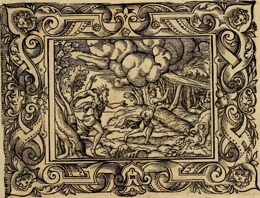 An illustration from Iohan. Posthii Germershemii Tetrasticha in Ovidii Metam. lib. XV. qvibus accesserunt Vergilij Solis figurae elegantiss. & iam primùm in lucem editae = Schoene Figuren auss dem fuertrefflichen Poeten Ouidio, allen Malern, Goldtschmiden, und Bildthauwern, zü nutz unnd gütem mit fleiss gerissen, 1563, leaf 36