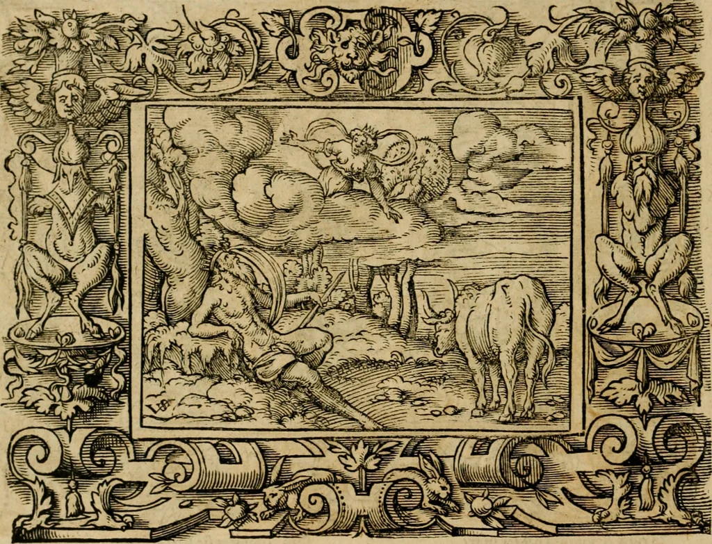 An illustration from Iohan. Posthii Germershemii Tetrasticha in Ovidii Metam. lib. XV. qvibus accesserunt Vergilij Solis figurae elegantiss. & iam primùm in lucem editae = Schoene Figuren auss dem fuertrefflichen Poeten Ouidio, allen Malern, Goldtschmiden, und Bildthauwern, zü nutz unnd gütem mit fleiss gerissen, 1563, leaf 37