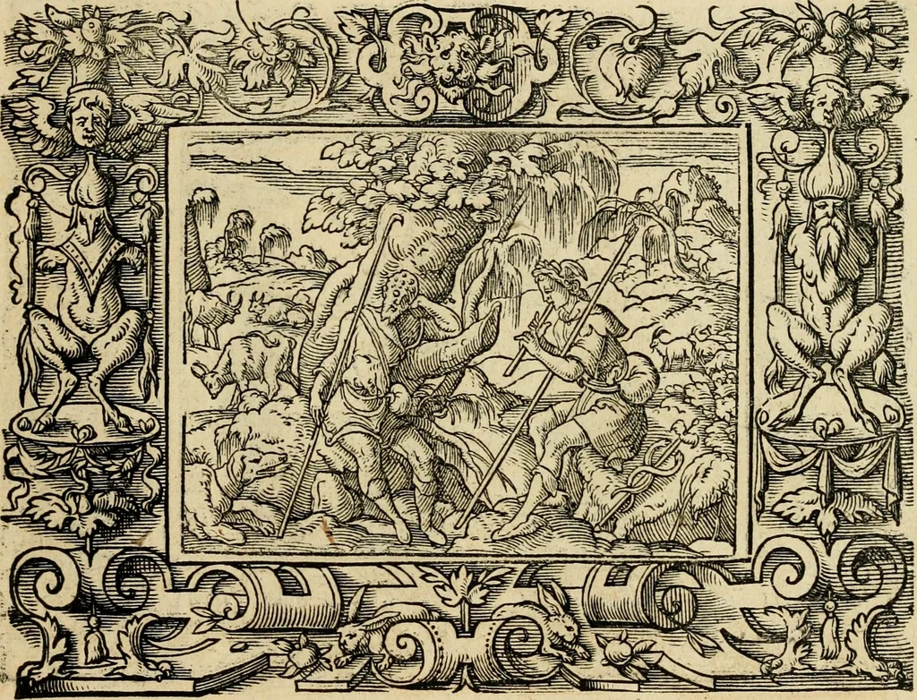An illustration from Iohan. Posthii Germershemii Tetrasticha in Ovidii Metam. lib. XV. qvibus accesserunt Vergilij Solis figurae elegantiss. & iam primùm in lucem editae = Schoene Figuren auss dem fuertrefflichen Poeten Ouidio, allen Malern, Goldtschmiden, und Bildthauwern, zü nutz unnd gütem mit fleiss gerissen, 1563, leaf 38