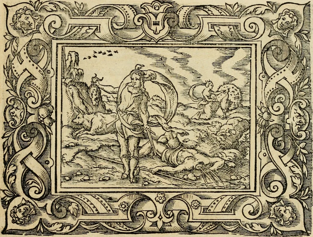 An illustration from Iohan. Posthii Germershemii Tetrasticha in Ovidii Metam. lib. XV. qvibus accesserunt Vergilij Solis figurae elegantiss. & iam primùm in lucem editae = Schoene Figuren auss dem fuertrefflichen Poeten Ouidio, allen Malern, Goldtschmiden, und Bildthauwern, zü nutz unnd gütem mit fleiss gerissen, 1563, leaf 40
