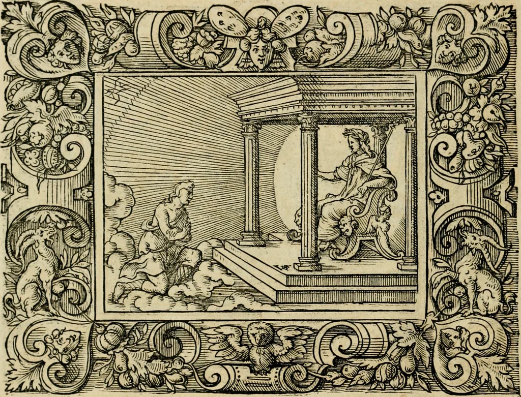 An illustration from Iohan. Posthii Germershemii Tetrasticha in Ovidii Metam. lib. XV. qvibus accesserunt Vergilij Solis figurae elegantiss. & iam primùm in lucem editae = Schoene Figuren auss dem fuertrefflichen Poeten Ouidio, allen Malern, Goldtschmiden, und Bildthauwern, zü nutz unnd gütem mit fleiss gerissen, 1563, leaf 41