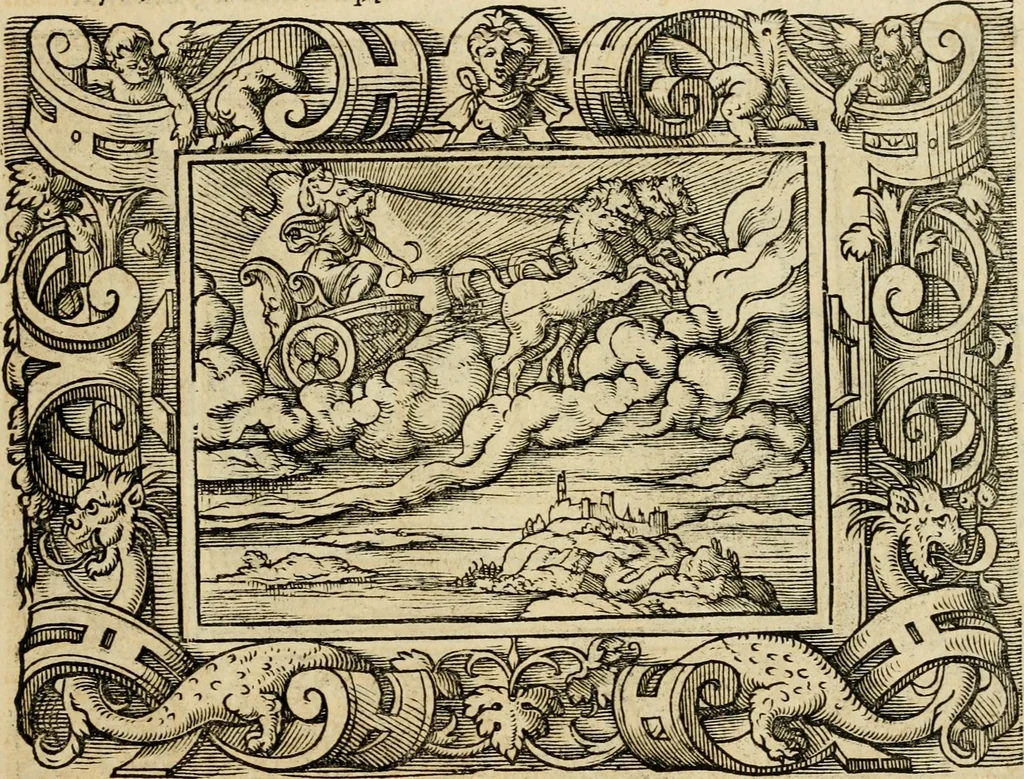 An illustration from Iohan. Posthii Germershemii Tetrasticha in Ovidii Metam. lib. XV. qvibus accesserunt Vergilij Solis figurae elegantiss. & iam primùm in lucem editae = Schoene Figuren auss dem fuertrefflichen Poeten Ouidio, allen Malern, Goldtschmiden, und Bildthauwern, zü nutz unnd gütem mit fleiss gerissen, 1563, leaf 42