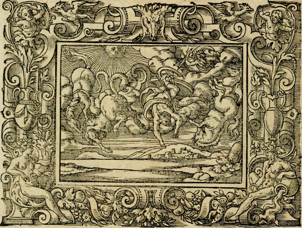 An illustration from Iohan. Posthii Germershemii Tetrasticha in Ovidii Metam. lib. XV. qvibus accesserunt Vergilij Solis figurae elegantiss. & iam primùm in lucem editae = Schoene Figuren auss dem fuertrefflichen Poeten Ouidio, allen Malern, Goldtschmiden, und Bildthauwern, zü nutz unnd gütem mit fleiss gerissen, 1563, leaf 43