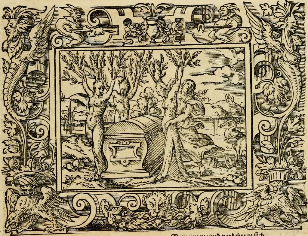 An illustration from Iohan. Posthii Germershemii Tetrasticha in Ovidii Metam. lib. XV. qvibus accesserunt Vergilij Solis figurae elegantiss. & iam primùm in lucem editae = Schoene Figuren auss dem fuertrefflichen Poeten Ouidio, allen Malern, Goldtschmiden, und Bildthauwern, zü nutz unnd gütem mit fleiss gerissen, 1563, leaf 44