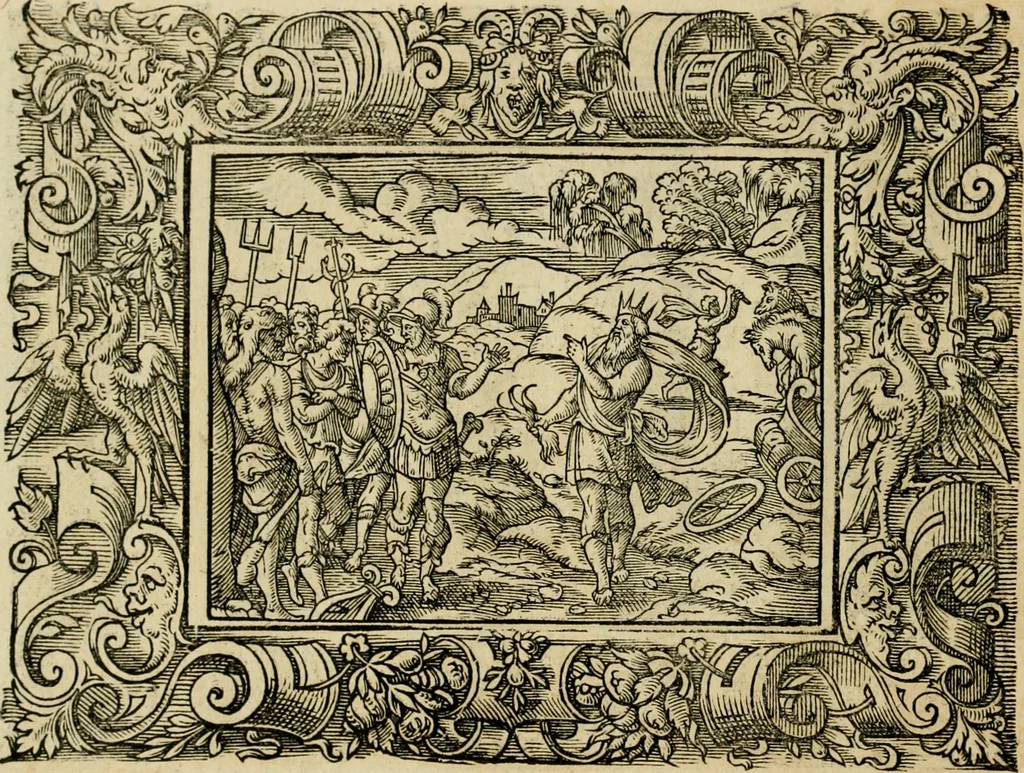 An illustration from Iohan. Posthii Germershemii Tetrasticha in Ovidii Metam. lib. XV. qvibus accesserunt Vergilij Solis figurae elegantiss. & iam primùm in lucem editae = Schoene Figuren auss dem fuertrefflichen Poeten Ouidio, allen Malern, Goldtschmiden, und Bildthauwern, zü nutz unnd gütem mit fleiss gerissen, 1563, leaf 45