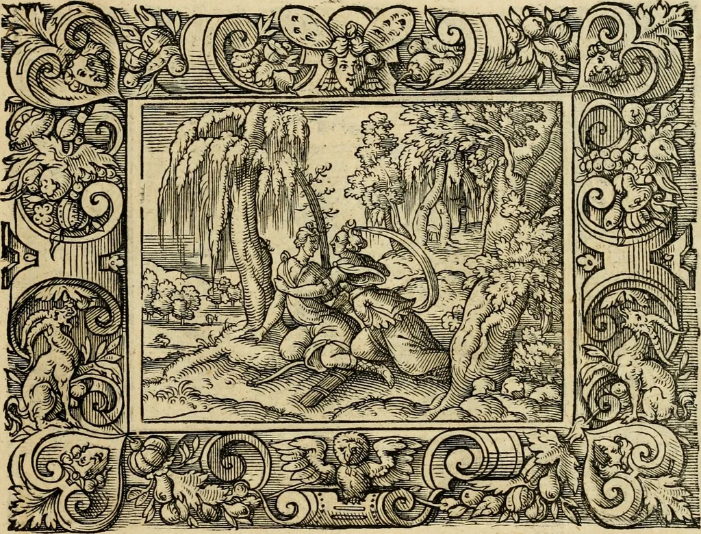 An illustration from Iohan. Posthii Germershemii Tetrasticha in Ovidii Metam. lib. XV. qvibus accesserunt Vergilij Solis figurae elegantiss. & iam primùm in lucem editae = Schoene Figuren auss dem fuertrefflichen Poeten Ouidio, allen Malern, Goldtschmiden, und Bildthauwern, zü nutz unnd gütem mit fleiss gerissen, 1563, leaf 46