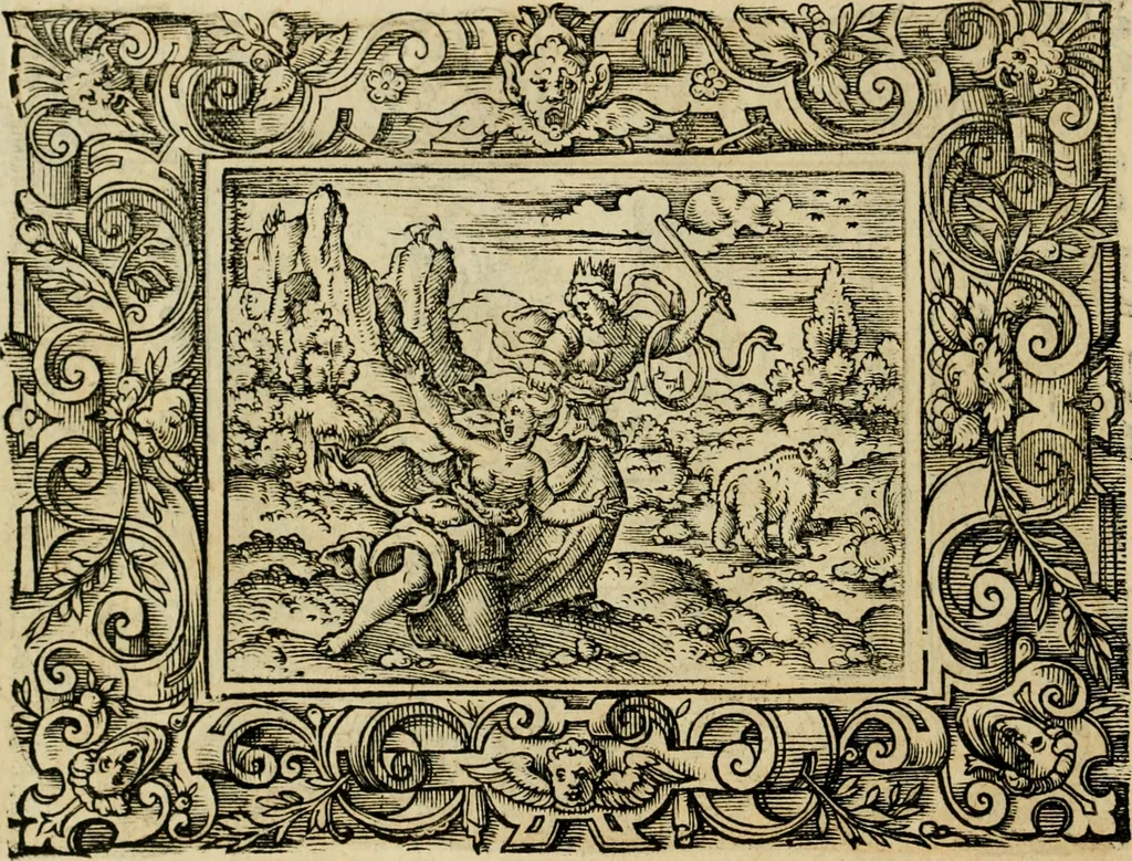 An illustration from Iohan. Posthii Germershemii Tetrasticha in Ovidii Metam. lib. XV. qvibus accesserunt Vergilij Solis figurae elegantiss. & iam primùm in lucem editae = Schoene Figuren auss dem fuertrefflichen Poeten Ouidio, allen Malern, Goldtschmiden, und Bildthauwern, zü nutz unnd gütem mit fleiss gerissen, 1563, leaf 47