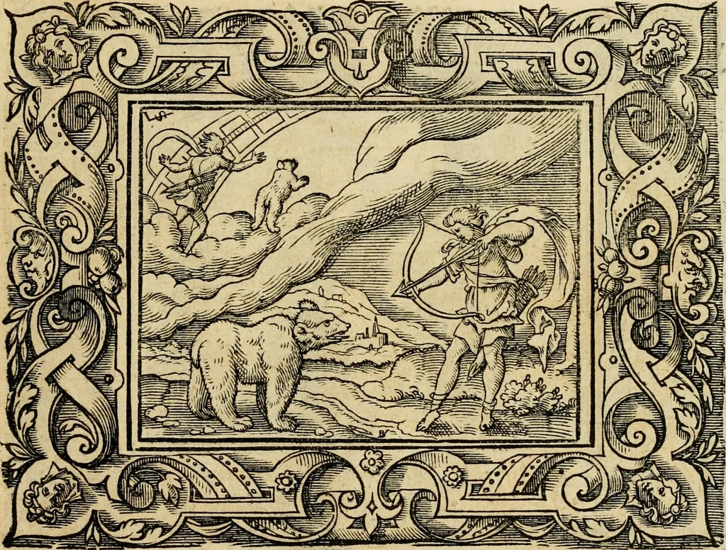 An illustration from Iohan. Posthii Germershemii Tetrasticha in Ovidii Metam. lib. XV. qvibus accesserunt Vergilij Solis figurae elegantiss. & iam primùm in lucem editae = Schoene Figuren auss dem fuertrefflichen Poeten Ouidio, allen Malern, Goldtschmiden, und Bildthauwern, zü nutz unnd gütem mit fleiss gerissen, 1563, leaf 48