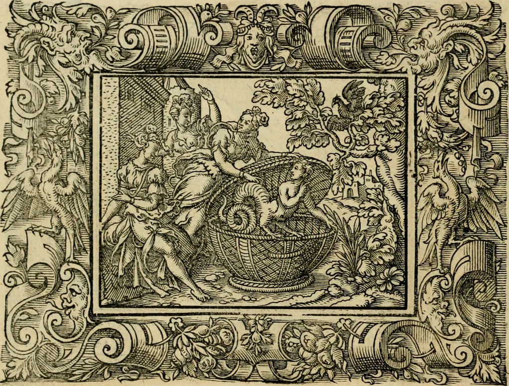 An illustration from Iohan. Posthii Germershemii Tetrasticha in Ovidii Metam. lib. XV. qvibus accesserunt Vergilij Solis figurae elegantiss. & iam primùm in lucem editae = Schoene Figuren auss dem fuertrefflichen Poeten Ouidio, allen Malern, Goldtschmiden, und Bildthauwern, zü nutz unnd gütem mit fleiss gerissen, 1563, leaf 49