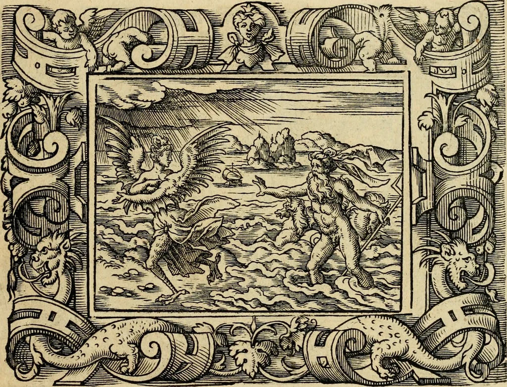 An illustration from Iohan. Posthii Germershemii Tetrasticha in Ovidii Metam. lib. XV. qvibus accesserunt Vergilij Solis figurae elegantiss. & iam primùm in lucem editae = Schoene Figuren auss dem fuertrefflichen Poeten Ouidio, allen Malern, Goldtschmiden, und Bildthauwern, zü nutz unnd gütem mit fleiss gerissen, 1563, leaf 50