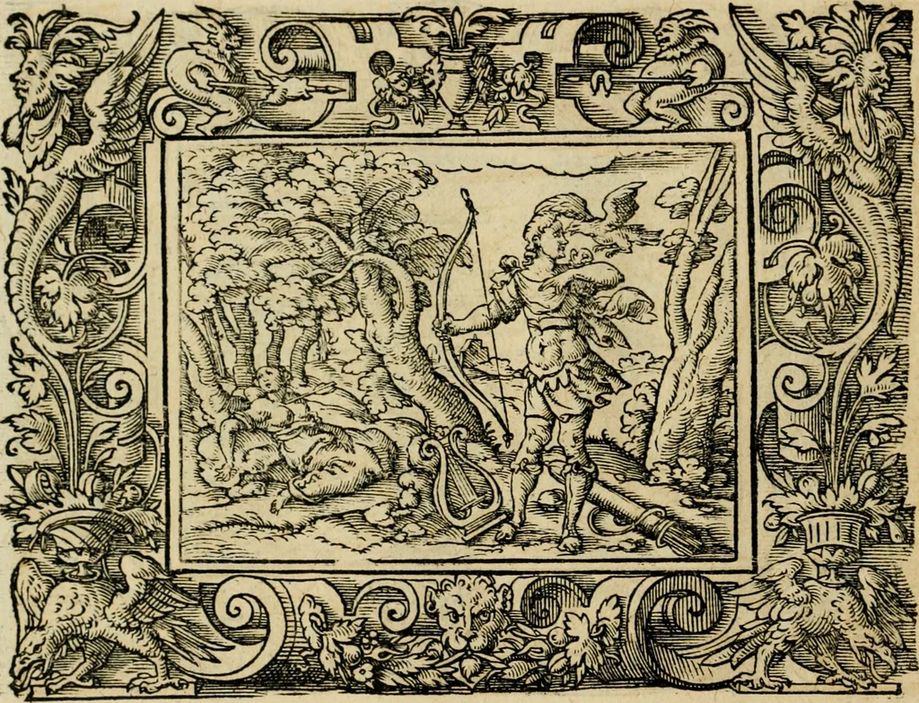 An illustration from Iohan. Posthii Germershemii Tetrasticha in Ovidii Metam. lib. XV. qvibus accesserunt Vergilij Solis figurae elegantiss. & iam primùm in lucem editae = Schoene Figuren auss dem fuertrefflichen Poeten Ouidio, allen Malern, Goldtschmiden, und Bildthauwern, zü nutz unnd gütem mit fleiss gerissen, 1563, leaf 51