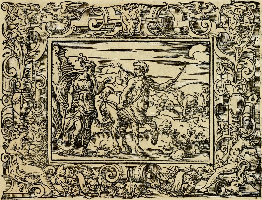 An illustration from Iohan. Posthii Germershemii Tetrasticha in Ovidii Metam. lib. XV. qvibus accesserunt Vergilij Solis figurae elegantiss. & iam primùm in lucem editae = Schoene Figuren auss dem fuertrefflichen Poeten Ouidio, allen Malern, Goldtschmiden, und Bildthauwern, zü nutz unnd gütem mit fleiss gerissen, 1563, leaf 52