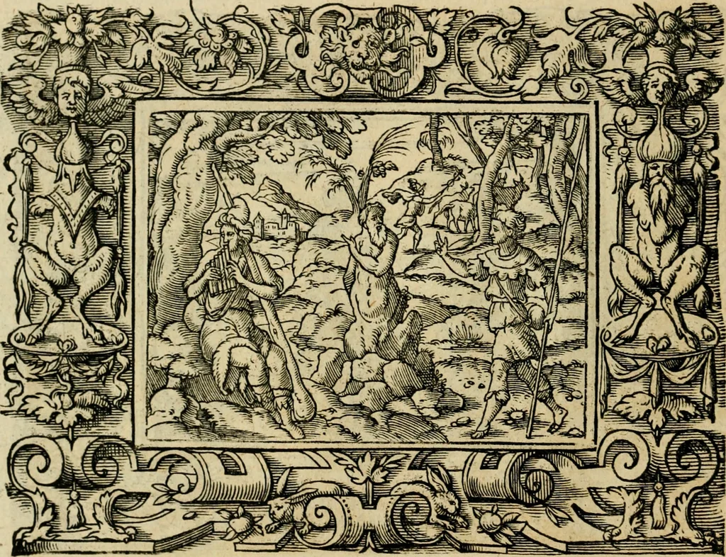 An illustration from Iohan. Posthii Germershemii Tetrasticha in Ovidii Metam. lib. XV. qvibus accesserunt Vergilij Solis figurae elegantiss. & iam primùm in lucem editae = Schoene Figuren auss dem fuertrefflichen Poeten Ouidio, allen Malern, Goldtschmiden, und Bildthauwern, zü nutz unnd gütem mit fleiss gerissen, 1563, leaf 53