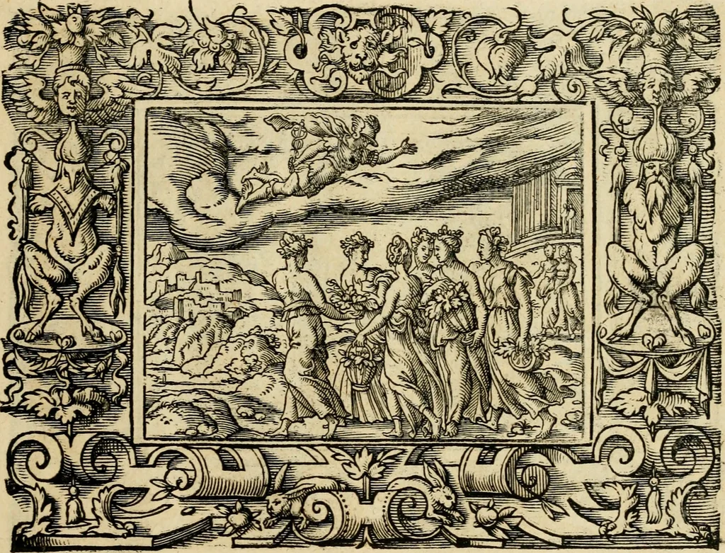 An illustration from Iohan. Posthii Germershemii Tetrasticha in Ovidii Metam. lib. XV. qvibus accesserunt Vergilij Solis figurae elegantiss. & iam primùm in lucem editae = Schoene Figuren auss dem fuertrefflichen Poeten Ouidio, allen Malern, Goldtschmiden, und Bildthauwern, zü nutz unnd gütem mit fleiss gerissen, 1563, leaf 54