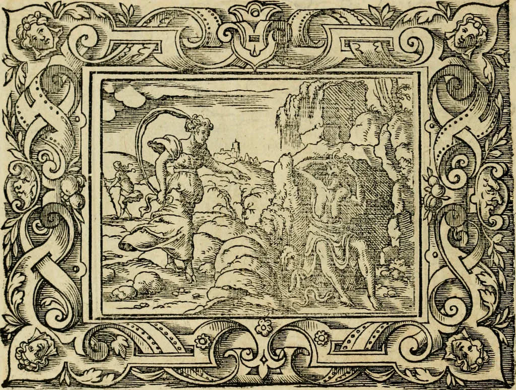 An illustration from Iohan. Posthii Germershemii Tetrasticha in Ovidii Metam. lib. XV. qvibus accesserunt Vergilij Solis figurae elegantiss. & iam primùm in lucem editae = Schoene Figuren auss dem fuertrefflichen Poeten Ouidio, allen Malern, Goldtschmiden, und Bildthauwern, zü nutz unnd gütem mit fleiss gerissen, 1563, leaf 55