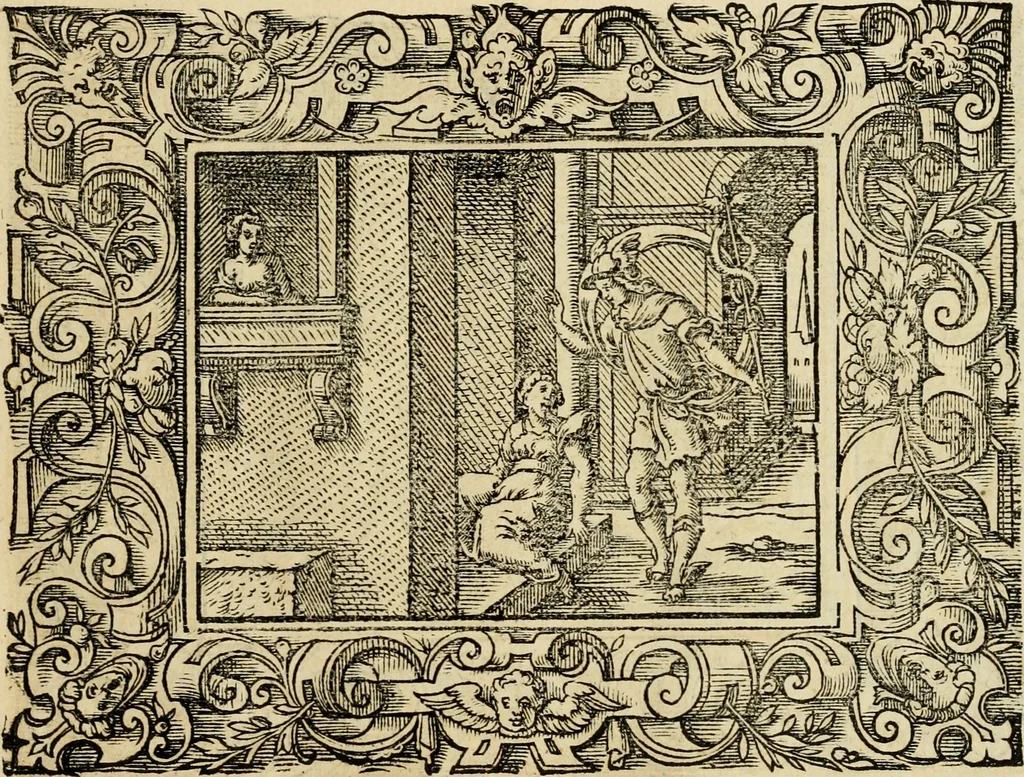 An illustration from Iohan. Posthii Germershemii Tetrasticha in Ovidii Metam. lib. XV. qvibus accesserunt Vergilij Solis figurae elegantiss. & iam primùm in lucem editae = Schoene Figuren auss dem fuertrefflichen Poeten Ouidio, allen Malern, Goldtschmiden, und Bildthauwern, zü nutz unnd gütem mit fleiss gerissen, 1563, leaf 56