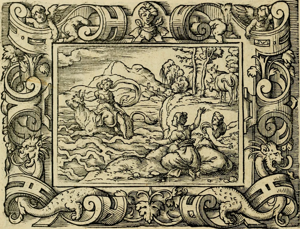 An illustration from Iohan. Posthii Germershemii Tetrasticha in Ovidii Metam. lib. XV. qvibus accesserunt Vergilij Solis figurae elegantiss. & iam primùm in lucem editae = Schoene Figuren auss dem fuertrefflichen Poeten Ouidio, allen Malern, Goldtschmiden, und Bildthauwern, zü nutz unnd gütem mit fleiss gerissen, 1563, leaf 57