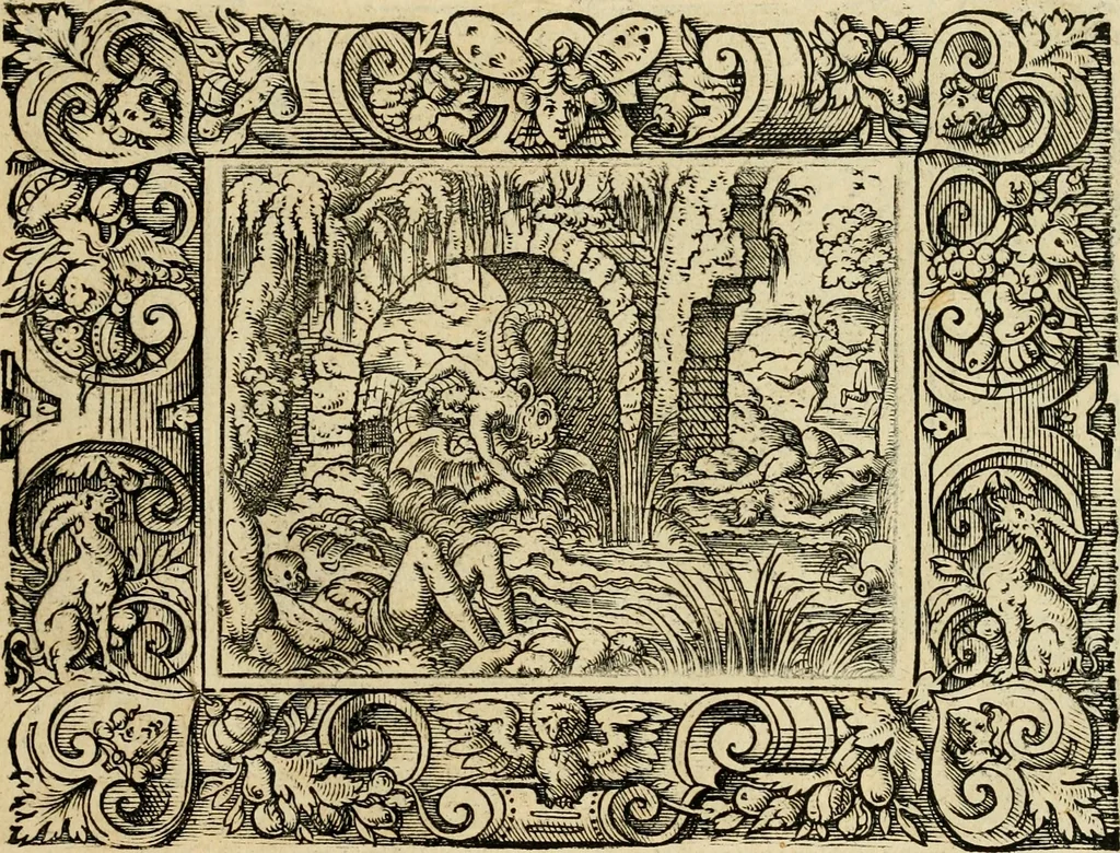 An illustration from Iohan. Posthii Germershemii Tetrasticha in Ovidii Metam. lib. XV. qvibus accesserunt Vergilij Solis figurae elegantiss. & iam primùm in lucem editae = Schoene Figuren auss dem fuertrefflichen Poeten Ouidio, allen Malern, Goldtschmiden, und Bildthauwern, zü nutz unnd gütem mit fleiss gerissen, 1563, leaf 58
