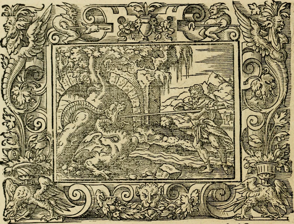 An illustration from Iohan. Posthii Germershemii Tetrasticha in Ovidii Metam. lib. XV. qvibus accesserunt Vergilij Solis figurae elegantiss. & iam primùm in lucem editae = Schoene Figuren auss dem fuertrefflichen Poeten Ouidio, allen Malern, Goldtschmiden, und Bildthauwern, zü nutz unnd gütem mit fleiss gerissen, 1563, leaf 59