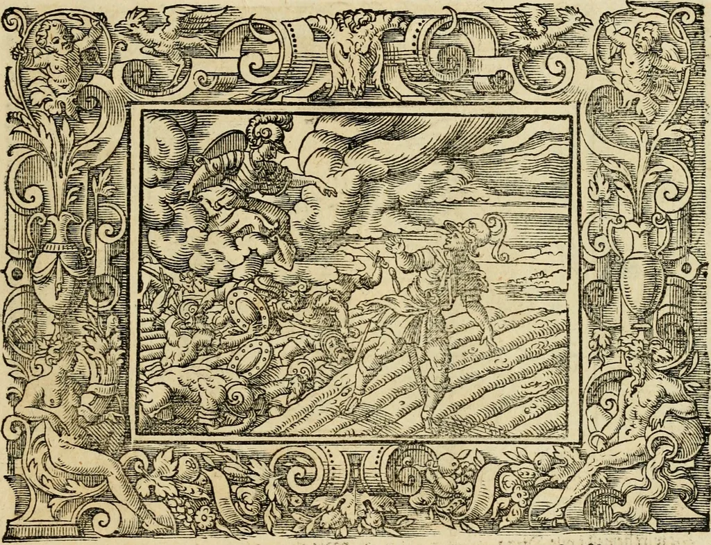 An illustration from Iohan. Posthii Germershemii Tetrasticha in Ovidii Metam. lib. XV. qvibus accesserunt Vergilij Solis figurae elegantiss. & iam primùm in lucem editae = Schoene Figuren auss dem fuertrefflichen Poeten Ouidio, allen Malern, Goldtschmiden, und Bildthauwern, zü nutz unnd gütem mit fleiss gerissen, 1563, leaf 60