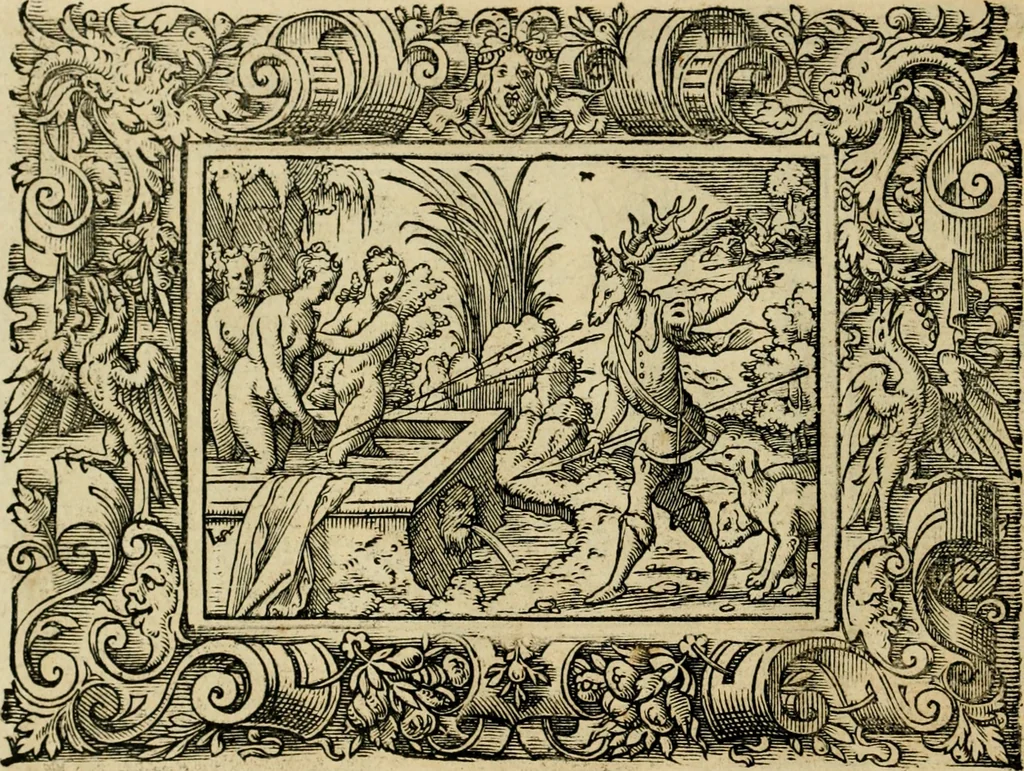 An illustration from Iohan. Posthii Germershemii Tetrasticha in Ovidii Metam. lib. XV. qvibus accesserunt Vergilij Solis figurae elegantiss. & iam primùm in lucem editae = Schoene Figuren auss dem fuertrefflichen Poeten Ouidio, allen Malern, Goldtschmiden, und Bildthauwern, zü nutz unnd gütem mit fleiss gerissen, 1563, leaf 61