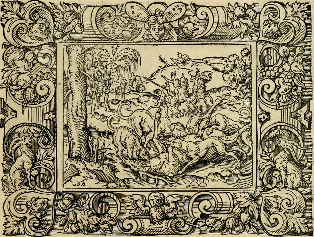 An illustration from Iohan. Posthii Germershemii Tetrasticha in Ovidii Metam. lib. XV. qvibus accesserunt Vergilij Solis figurae elegantiss. & iam primùm in lucem editae = Schoene Figuren auss dem fuertrefflichen Poeten Ouidio, allen Malern, Goldtschmiden, und Bildthauwern, zü nutz unnd gütem mit fleiss gerissen, 1563, leaf 62