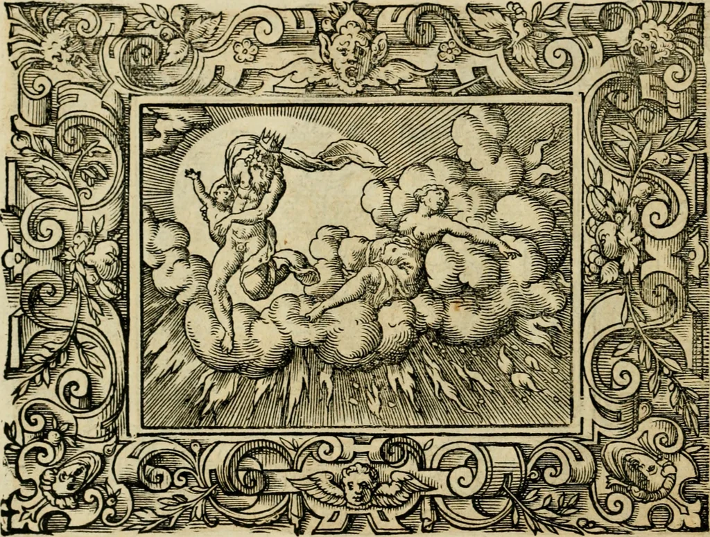 An illustration from Iohan. Posthii Germershemii Tetrasticha in Ovidii Metam. lib. XV. qvibus accesserunt Vergilij Solis figurae elegantiss. & iam primùm in lucem editae = Schoene Figuren auss dem fuertrefflichen Poeten Ouidio, allen Malern, Goldtschmiden, und Bildthauwern, zü nutz unnd gütem mit fleiss gerissen, 1563, leaf 63