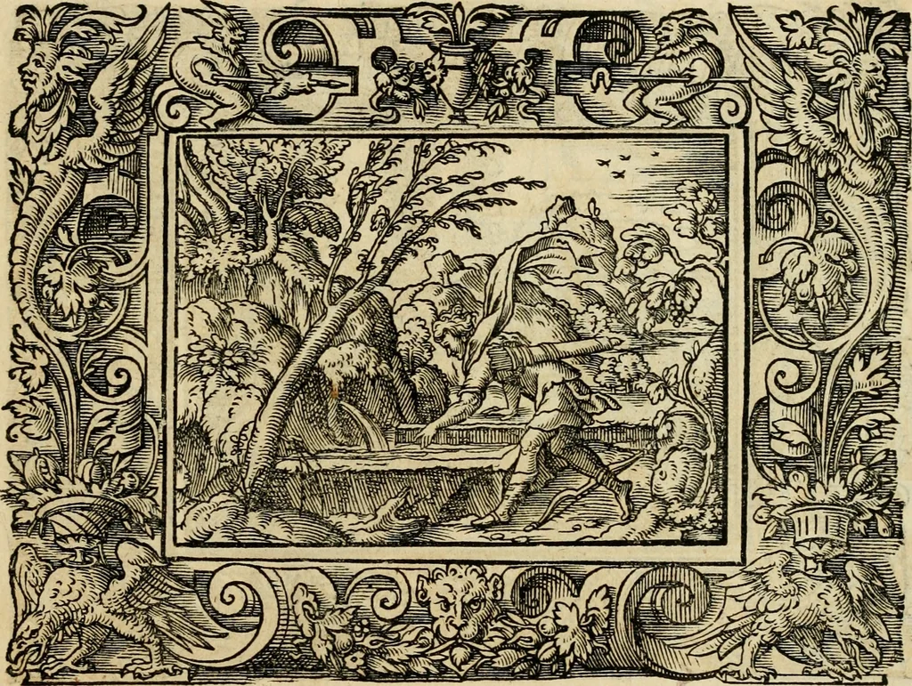 An illustration from Iohan. Posthii Germershemii Tetrasticha in Ovidii Metam. lib. XV. qvibus accesserunt Vergilij Solis figurae elegantiss. & iam primùm in lucem editae = Schoene Figuren auss dem fuertrefflichen Poeten Ouidio, allen Malern, Goldtschmiden, und Bildthauwern, zü nutz unnd gütem mit fleiss gerissen, 1563, leaf 64