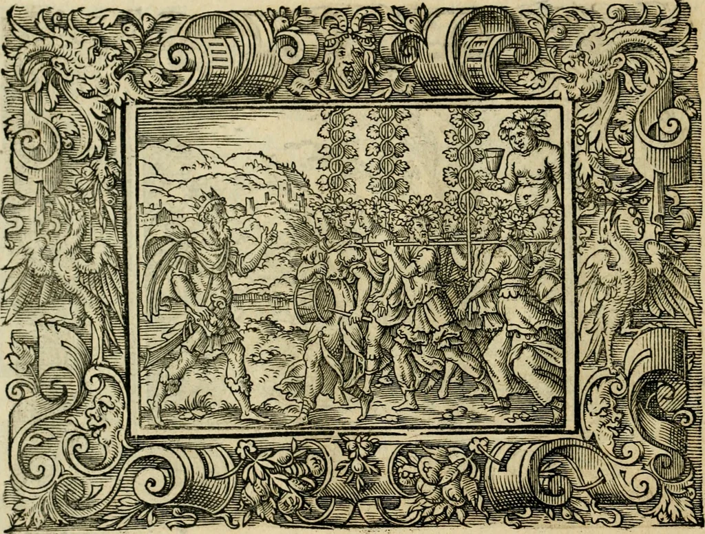 An illustration from Iohan. Posthii Germershemii Tetrasticha in Ovidii Metam. lib. XV. qvibus accesserunt Vergilij Solis figurae elegantiss. & iam primùm in lucem editae = Schoene Figuren auss dem fuertrefflichen Poeten Ouidio, allen Malern, Goldtschmiden, und Bildthauwern, zü nutz unnd gütem mit fleiss gerissen, 1563, leaf 65