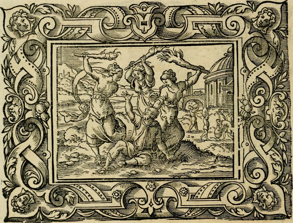 An illustration from Iohan. Posthii Germershemii Tetrasticha in Ovidii Metam. lib. XV. qvibus accesserunt Vergilij Solis figurae elegantiss. & iam primùm in lucem editae = Schoene Figuren auss dem fuertrefflichen Poeten Ouidio, allen Malern, Goldtschmiden, und Bildthauwern, zü nutz unnd gütem mit fleiss gerissen, 1563, leaf 67