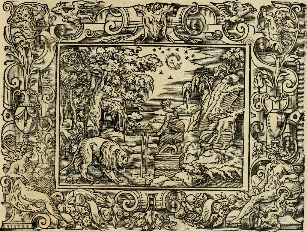 An illustration from Iohan. Posthii Germershemii Tetrasticha in Ovidii Metam. lib. XV. qvibus accesserunt Vergilij Solis figurae elegantiss. & iam primùm in lucem editae = Schoene Figuren auss dem fuertrefflichen Poeten Ouidio, allen Malern, Goldtschmiden, und Bildthauwern, zü nutz unnd gütem mit fleiss gerissen, 1563, leaf 68