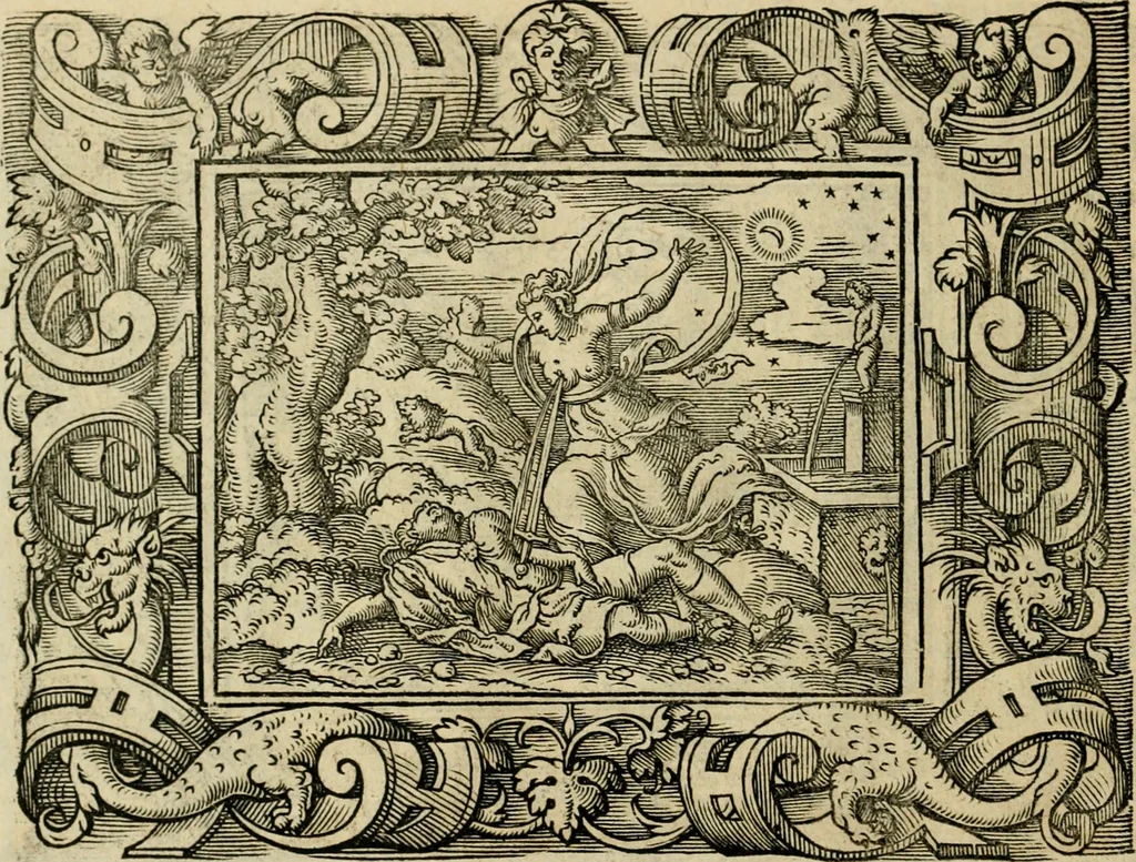 An illustration from Iohan. Posthii Germershemii Tetrasticha in Ovidii Metam. lib. XV. qvibus accesserunt Vergilij Solis figurae elegantiss. & iam primùm in lucem editae = Schoene Figuren auss dem fuertrefflichen Poeten Ouidio, allen Malern, Goldtschmiden, und Bildthauwern, zü nutz unnd gütem mit fleiss gerissen, 1563, leaf 69