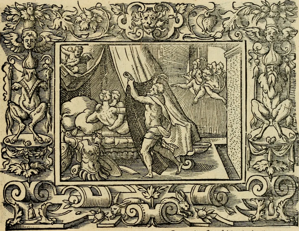 An illustration from Iohan. Posthii Germershemii Tetrasticha in Ovidii Metam. lib. XV. qvibus accesserunt Vergilij Solis figurae elegantiss. & iam primùm in lucem editae = Schoene Figuren auss dem fuertrefflichen Poeten Ouidio, allen Malern, Goldtschmiden, und Bildthauwern, zü nutz unnd gütem mit fleiss gerissen, 1563, leaf 70