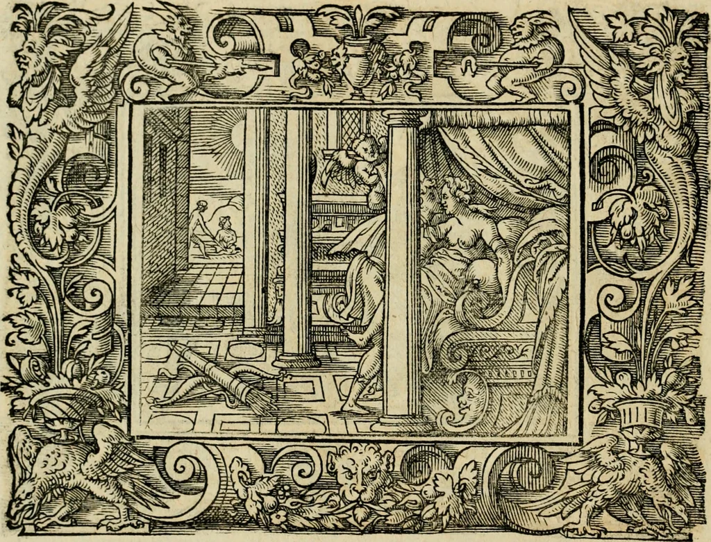 An illustration from Iohan. Posthii Germershemii Tetrasticha in Ovidii Metam. lib. XV. qvibus accesserunt Vergilij Solis figurae elegantiss. & iam primùm in lucem editae = Schoene Figuren auss dem fuertrefflichen Poeten Ouidio, allen Malern, Goldtschmiden, und Bildthauwern, zü nutz unnd gütem mit fleiss gerissen, 1563, leaf 71
