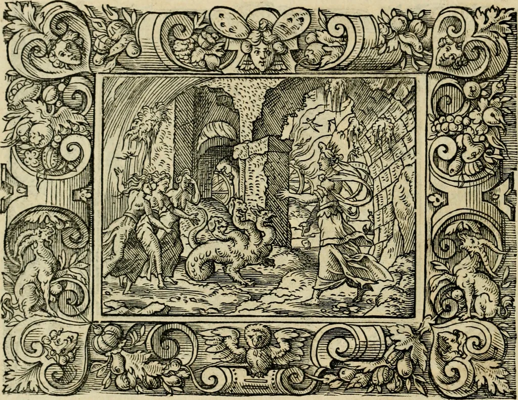 An illustration from Iohan. Posthii Germershemii Tetrasticha in Ovidii Metam. lib. XV. qvibus accesserunt Vergilij Solis figurae elegantiss. & iam primùm in lucem editae = Schoene Figuren auss dem fuertrefflichen Poeten Ouidio, allen Malern, Goldtschmiden, und Bildthauwern, zü nutz unnd gütem mit fleiss gerissen, 1563, leaf 73