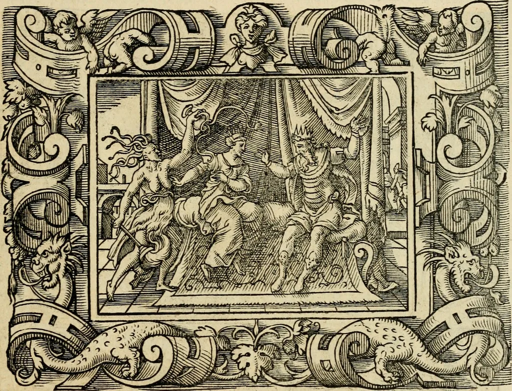 An illustration from Iohan. Posthii Germershemii Tetrasticha in Ovidii Metam. lib. XV. qvibus accesserunt Vergilij Solis figurae elegantiss. & iam primùm in lucem editae = Schoene Figuren auss dem fuertrefflichen Poeten Ouidio, allen Malern, Goldtschmiden, und Bildthauwern, zü nutz unnd gütem mit fleiss gerissen, 1563, leaf 74