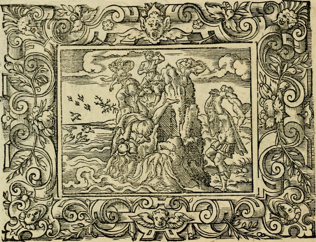 An illustration from Iohan. Posthii Germershemii Tetrasticha in Ovidii Metam. lib. XV. qvibus accesserunt Vergilij Solis figurae elegantiss. & iam primùm in lucem editae = Schoene Figuren auss dem fuertrefflichen Poeten Ouidio, allen Malern, Goldtschmiden, und Bildthauwern, zü nutz unnd gütem mit fleiss gerissen, 1563, leaf 75