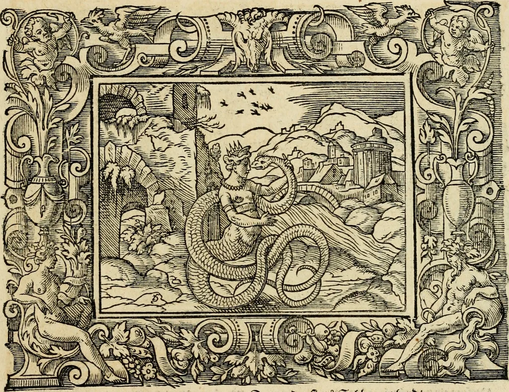 An illustration from Iohan. Posthii Germershemii Tetrasticha in Ovidii Metam. lib. XV. qvibus accesserunt Vergilij Solis figurae elegantiss. & iam primùm in lucem editae = Schoene Figuren auss dem fuertrefflichen Poeten Ouidio, allen Malern, Goldtschmiden, und Bildthauwern, zü nutz unnd gütem mit fleiss gerissen, 1563, leaf 76