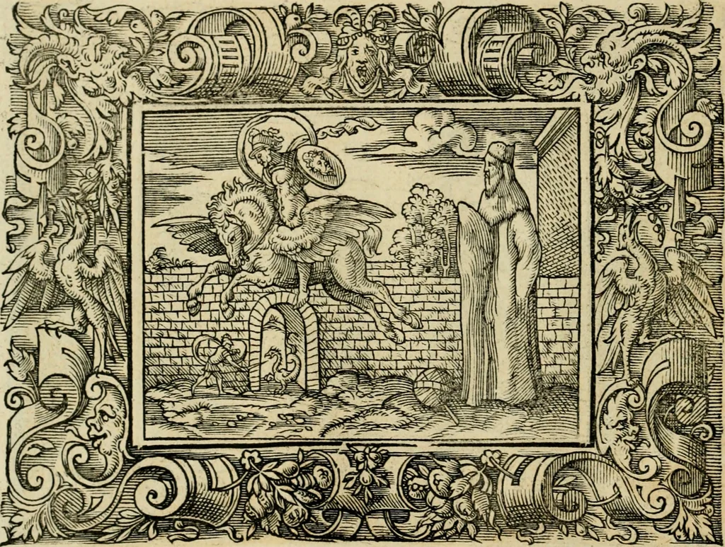 An illustration from Iohan. Posthii Germershemii Tetrasticha in Ovidii Metam. lib. XV. qvibus accesserunt Vergilij Solis figurae elegantiss. & iam primùm in lucem editae = Schoene Figuren auss dem fuertrefflichen Poeten Ouidio, allen Malern, Goldtschmiden, und Bildthauwern, zü nutz unnd gütem mit fleiss gerissen, 1563, leaf 77