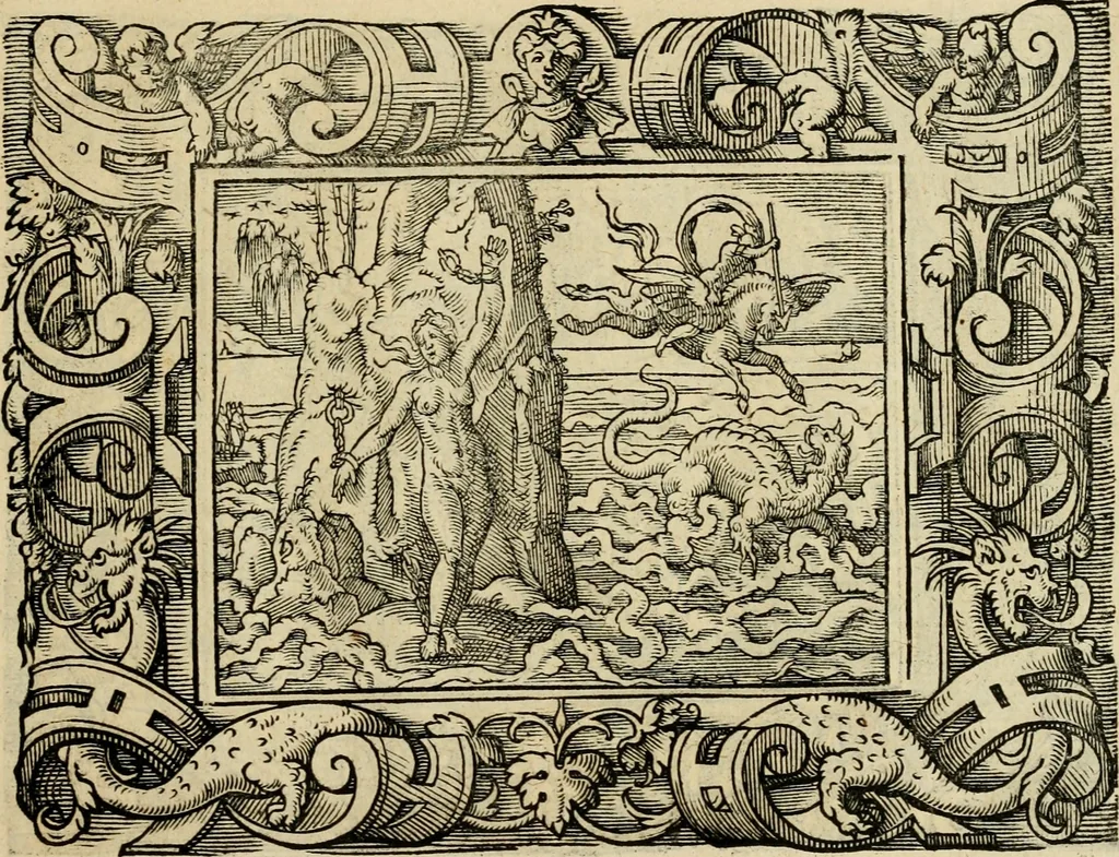 An illustration from Iohan. Posthii Germershemii Tetrasticha in Ovidii Metam. lib. XV. qvibus accesserunt Vergilij Solis figurae elegantiss. & iam primùm in lucem editae = Schoene Figuren auss dem fuertrefflichen Poeten Ouidio, allen Malern, Goldtschmiden, und Bildthauwern, zü nutz unnd gütem mit fleiss gerissen, 1563, leaf 78