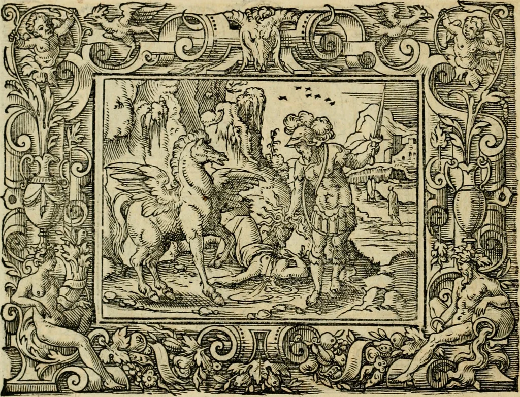 An illustration from Iohan. Posthii Germershemii Tetrasticha in Ovidii Metam. lib. XV. qvibus accesserunt Vergilij Solis figurae elegantiss. & iam primùm in lucem editae = Schoene Figuren auss dem fuertrefflichen Poeten Ouidio, allen Malern, Goldtschmiden, und Bildthauwern, zü nutz unnd gütem mit fleiss gerissen, 1563, leaf 79