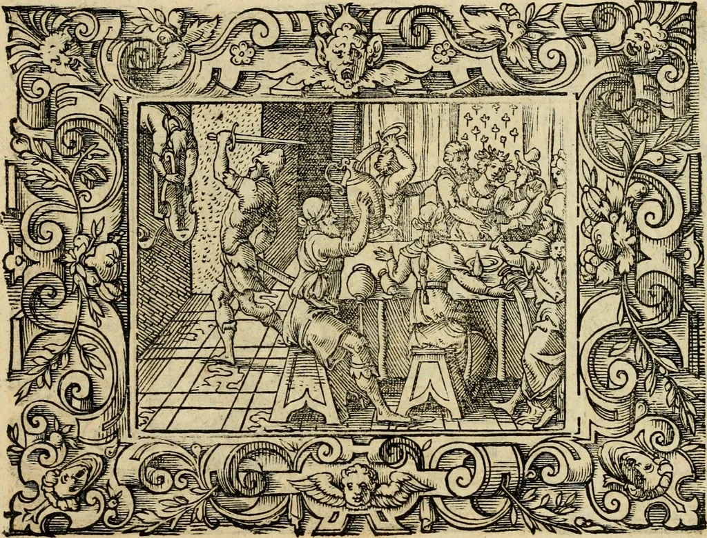 An illustration from Iohan. Posthii Germershemii Tetrasticha in Ovidii Metam. lib. XV. qvibus accesserunt Vergilij Solis figurae elegantiss. & iam primùm in lucem editae = Schoene Figuren auss dem fuertrefflichen Poeten Ouidio, allen Malern, Goldtschmiden, und Bildthauwern, zü nutz unnd gütem mit fleiss gerissen, 1563, leaf 80