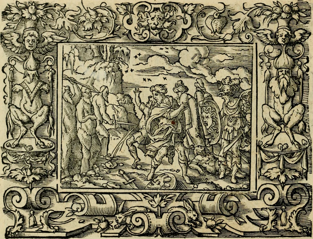 An illustration from Iohan. Posthii Germershemii Tetrasticha in Ovidii Metam. lib. XV. qvibus accesserunt Vergilij Solis figurae elegantiss. & iam primùm in lucem editae = Schoene Figuren auss dem fuertrefflichen Poeten Ouidio, allen Malern, Goldtschmiden, und Bildthauwern, zü nutz unnd gütem mit fleiss gerissen, 1563, leaf 81